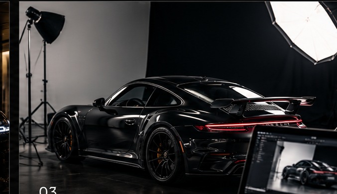 Black performance sports car photographed in a professional studio